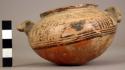 Pottery jar, colored ornament, 2 animal heads