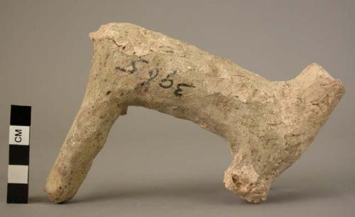 Ceramic figurine, buff, torso, partial neck, 4 legs of animal, broken
