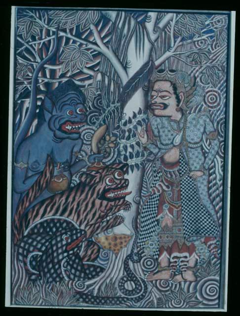 "Snake, monkey, tiger presenting gift to priest" by Ida Bagus Gelgel