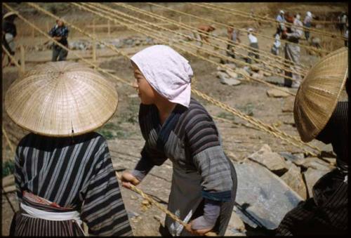 Women raising pole with ropes