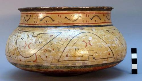 Jar, wide mouth, flat bottom, polychrome geometric design