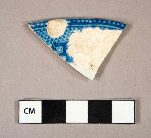 Ceramic, earthenware, pearlware, blue and white transferprint, meander design, rim sherd