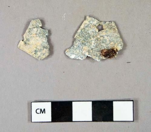 Metal, lead alloy, sheet with nail hole, fragments