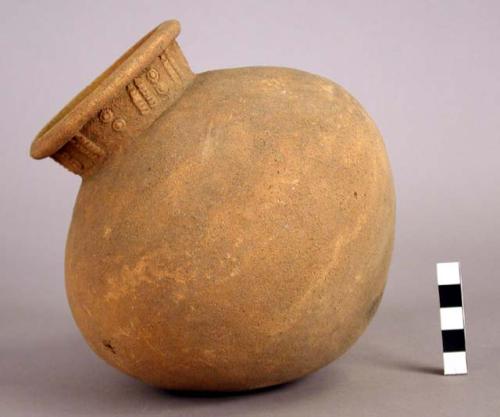 Large pottery jar with raised pattern around constricted neck - Armadillo ware