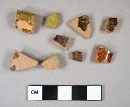 Ceramic, coarse earthenware, lead glazed redware body and rim sherds