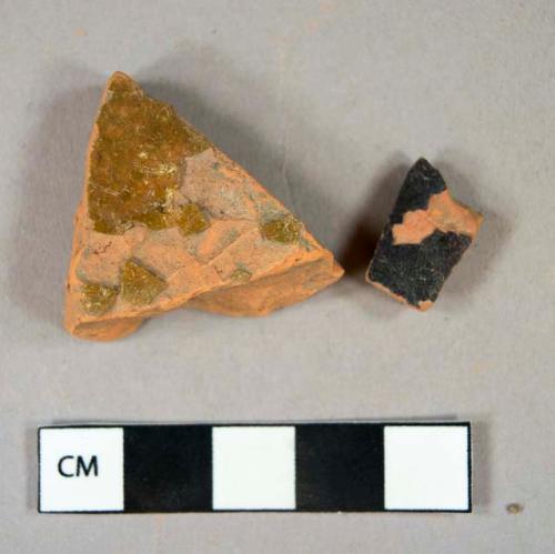 Ceramic, earthenware, redware, brown and black lead glazed, body sherds