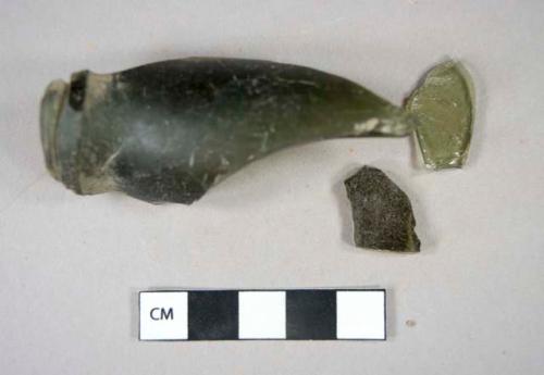 Glass, curved, three bottle finshes, seven body fragments