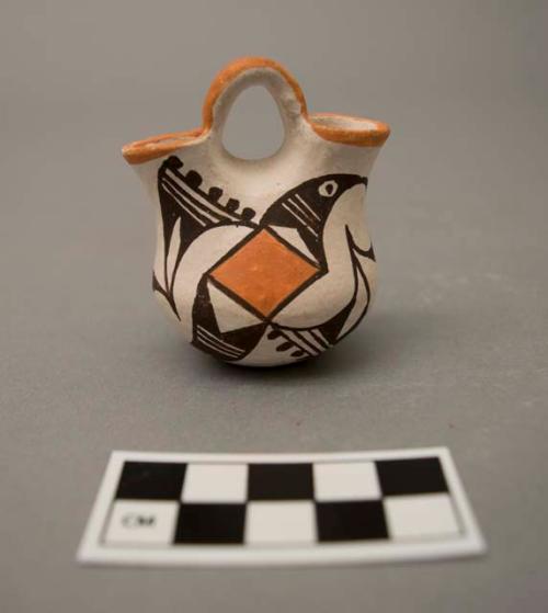 Polychrome-on-white miniature Wedding Vase:  geometric and parrot motif