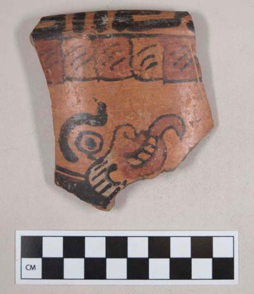 Earthenware rim sherds, curved towards interior, polychrome exterior, red on orange interior