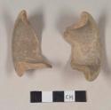 Red bodied earthenware rim sherds, with buff slip, wheel thrown; two sherds crossmend
