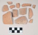 Red bodied earthenware body sherds, unslipped, wheel thrown; one with possible red slip; three sherds crossmend