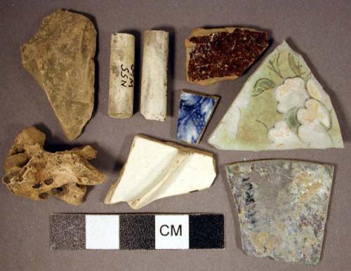 Ceramic, kaolin pipe fragments, bone faunal remains, window glass fragment