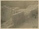 Man examining ornately carved wall of structure