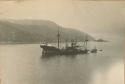 Ship, with shoreline in background