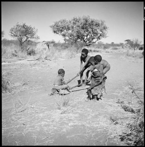 Tsamgao (≠Toma's son) and an unidentified boy pulling /Qui (son of Khuan//a) on gemsbok horns, with Be watching them