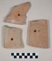 Redware roof tile fragments, with nail holes