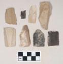 Chipped stone, flint blades, some with retouching or use wear; one with cortex; some with egde polishing; one may be a burin