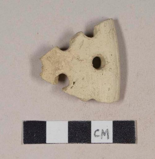 Coarse buff bodied earthenware rim sherd, with buff slip and pierced holes