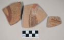 Red bodied earthenware body sherds, unslipped, red slipped designs