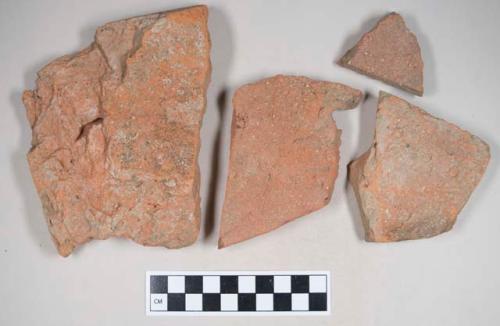 Redware roof tile fragments; one with nail hole