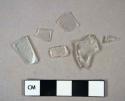 Glass, bottle, one aqua and five clear fragments