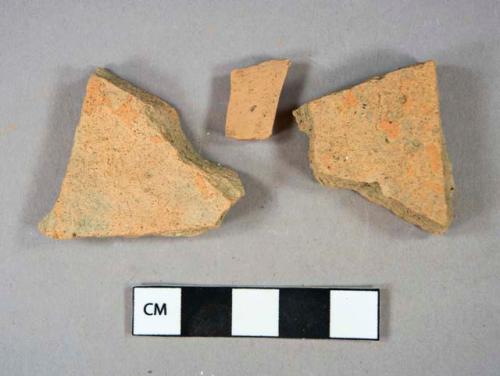 Ceramic, architectural, roof tile fragments; Ceramic, earthenware, redware, unglazed body sherd