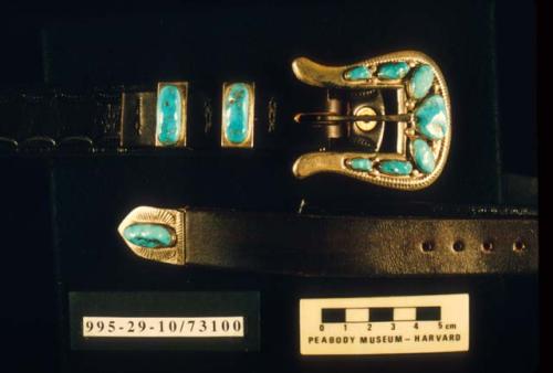 Silver and turquoise ranger belt set on tooled leather belt