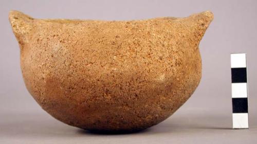 Small pottery bowl - coarse tempered, lug handles