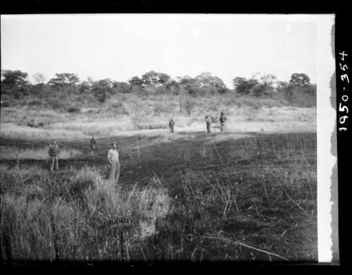 Expedition members standing next to an elephant trail, distant view