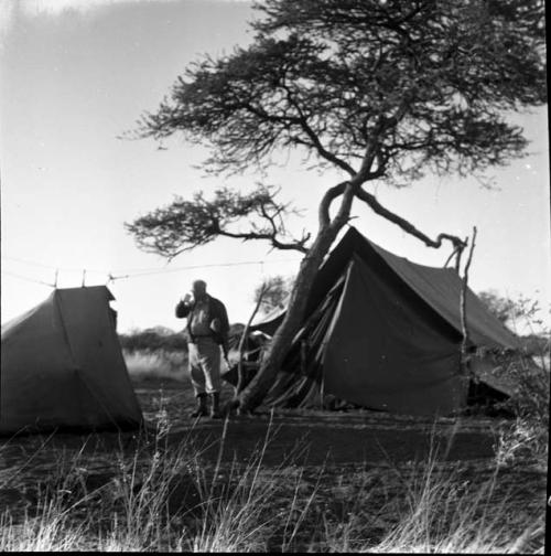 Laurence Marshall standing in the expedition camp between the sleeping tent and the office tent