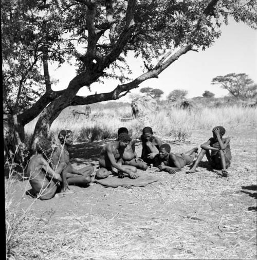 Group of men sitting under a tree, throwing and reading oracle disks, including "Gao Hunchback" and ≠Gao (husband of Khwo//o-/Gasa), distant view