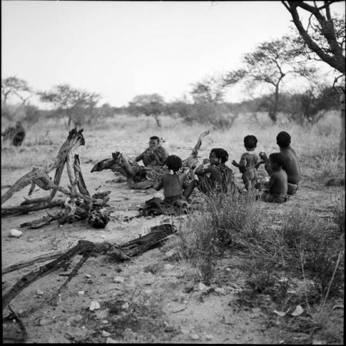 Group of people settling for the night, with wood gathered for night fires on the ground near them