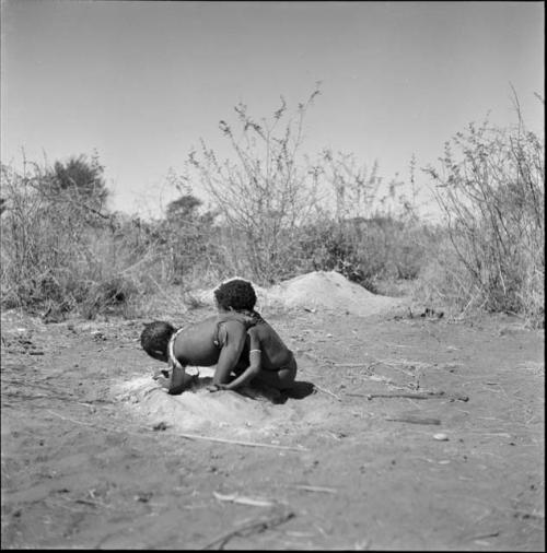 /Gaishay (son of "Gao Medicine"), and "Little ≠Gao" (son of /Qui and //Kushay) dancing around a pile of ashes