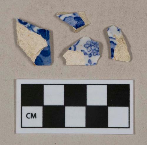 Blue on white transferprinted whiteware vessel body fragments