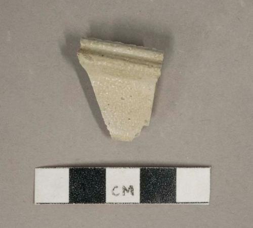 Undecorated light gray salt glazed stoneware vessel body fragment, gray paste