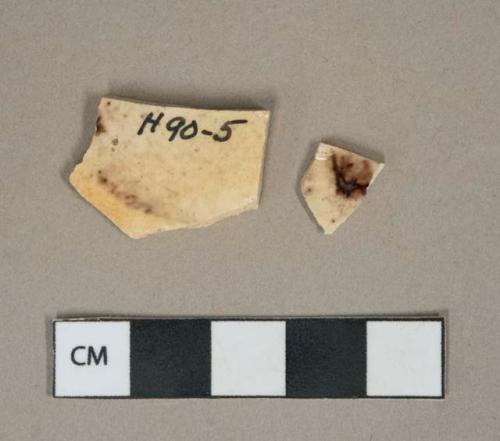 Brown on cream mottled lead glazed earthenware vessel fragments, buff paste, likely whieldon type