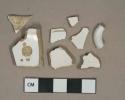 Whiteware vessel body and rim fragments, white paste, 1 rim fragment with gilt decoration