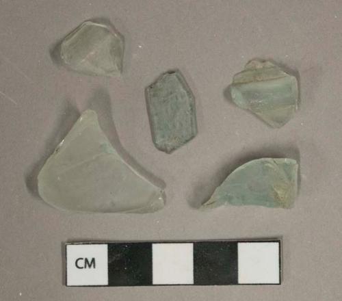 Light aqua glass vessel fragments, weathered