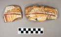 17 fragments of restorable brownn and deep orange on yellow ware bowl