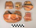 50 polychrome pottery bowl sherds - orange red and black