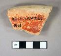 4 potsherds - Red ware (worn); cryptocrystalline calcite tempered