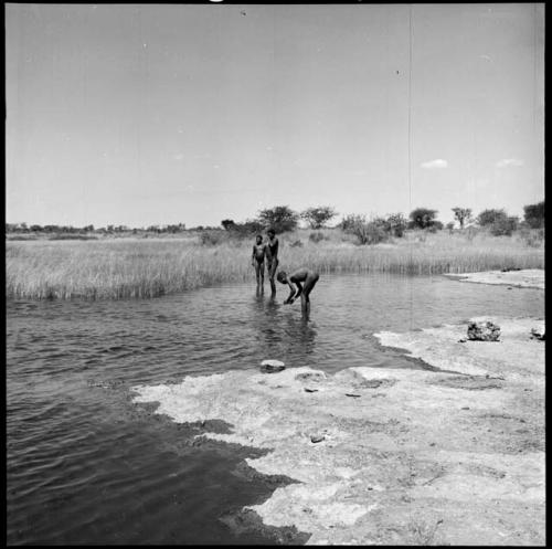 Three men standing in the water in a pan