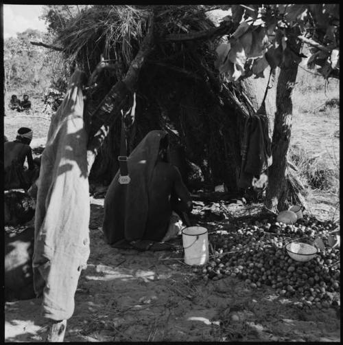 Person covered with a blanket sitting in front of a shelter skerm, facing away from the camera, with a pile of nuts, enamel bucket, enamel bowl, cut and ostrich egg shells lying on the ground, Western jacket hanging from a post nearby