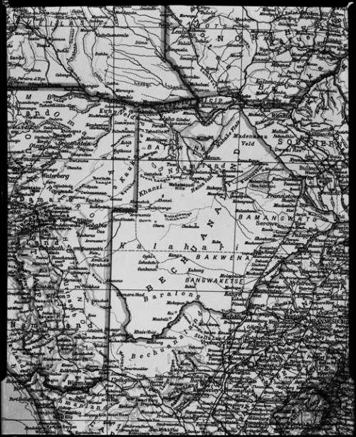 Portion of a map of southern Africa showing an area between Mafeking and Windhoek and Grootfontein