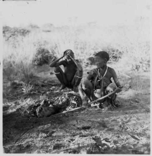 "Old /Gasa" putting a wildebeest head in a hole with coals, with her grandson ≠Toma (son of Gau) watching her