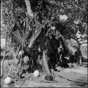 Group of people near and inside a skerm in the background, with possessions hanging on a tree in the foreground, including quiver sacks with bows, assegais, tin cans, cups and buckets; ostrich egg shells and a blanket on the ground next to the tree