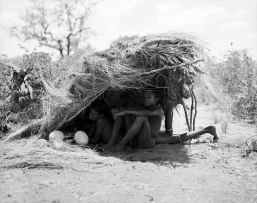 /Qui (son of "/Gao Music") and another boy sitting under a grass shelter made for shade