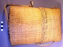 Close weave pouch shaped basket with cover, strap.