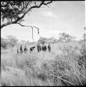 Women and children on a gathering trip, standing, distant view