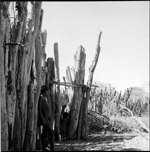 Man and child standing next to a pole fence